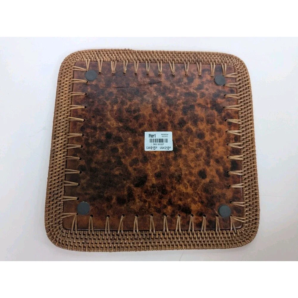 Vintage Pier 1 Trivet w/ Woven Edged Etchewd Coaster Back Feet 10x10